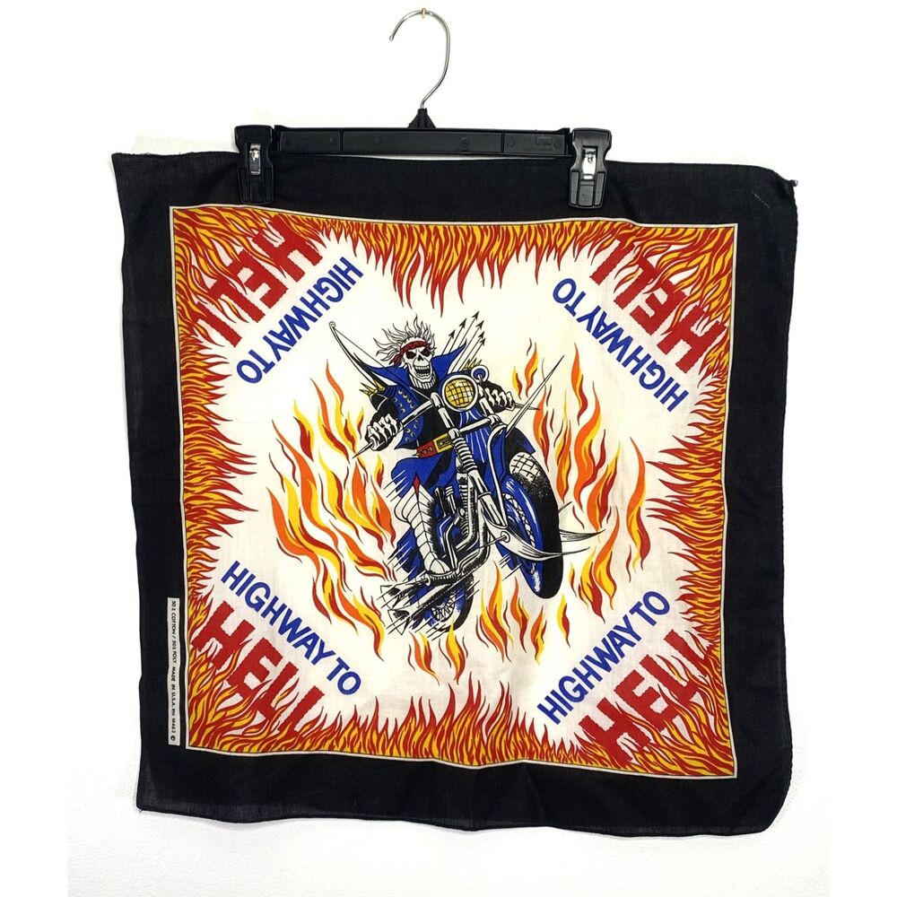 Vintage 80s Biker Skull Bandana USA Made Rocker Metalhead Highway To Hell Scarf